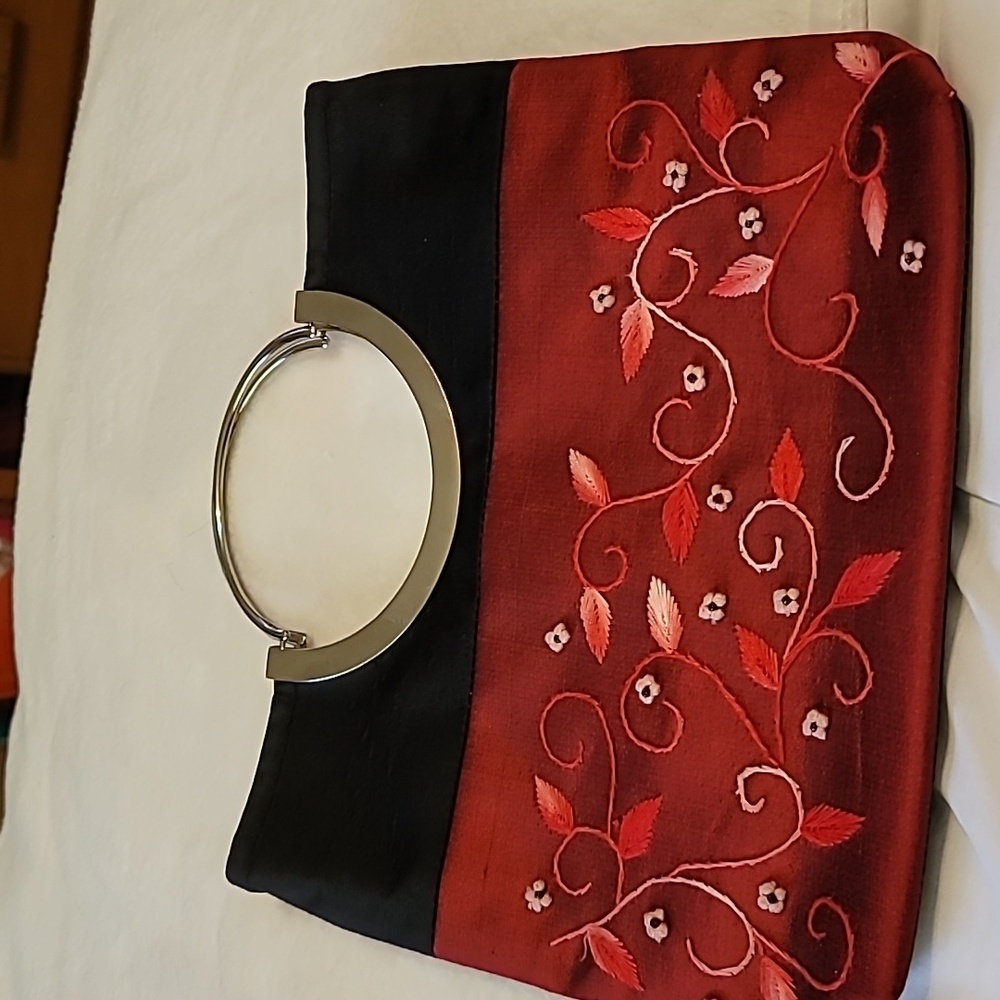 Vintage Black and Red Silk Beaded Evening Bag with Chrome Circular Handles